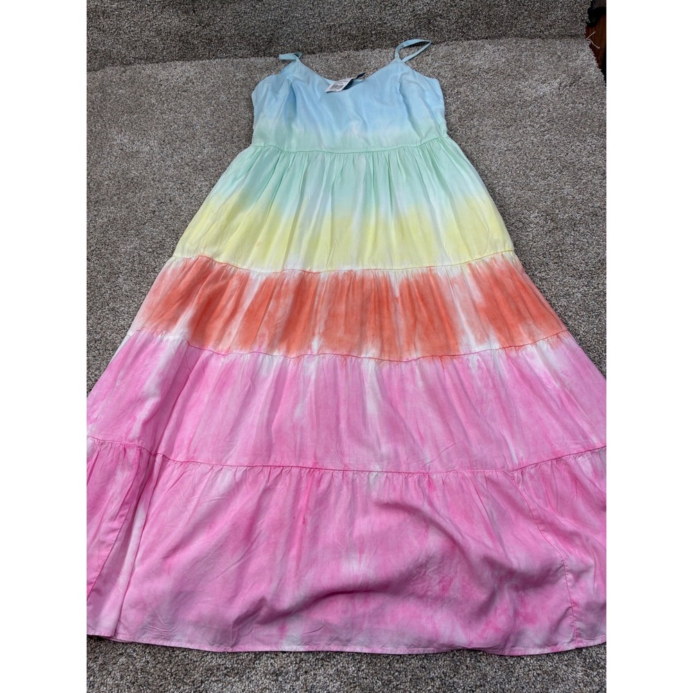 Crown & Ivy Rainbow Tie Dye Tiered Maxi Dress Womens 10 Sleeveless Pockets #0513